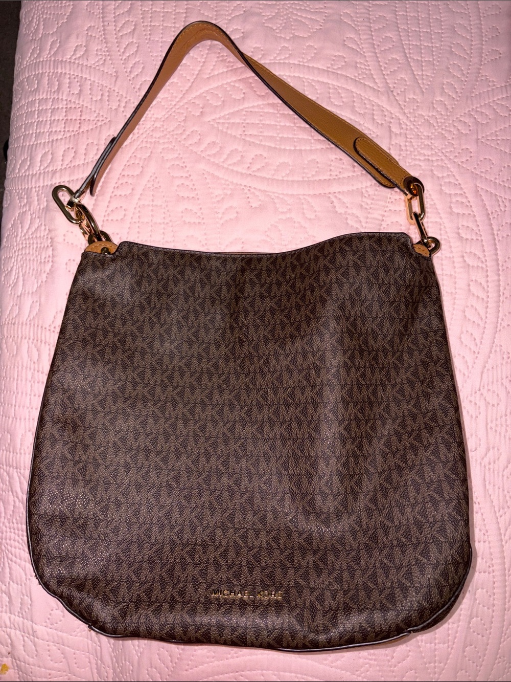 Michael Kors Brown Monogram Shoulder Bag with Tan Strap and Gold Hardware